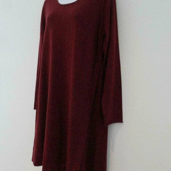 NWT EILEEN FISHER PASFL Burgundy Merino Wool Jersey Jewel Neck LS Dress XL - Picture 2 of 7